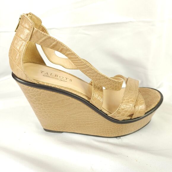 Talbots Womens 7 Beige Croc Print Open Toe Sandals Platform Wedge Leather - Picture 8 of 10